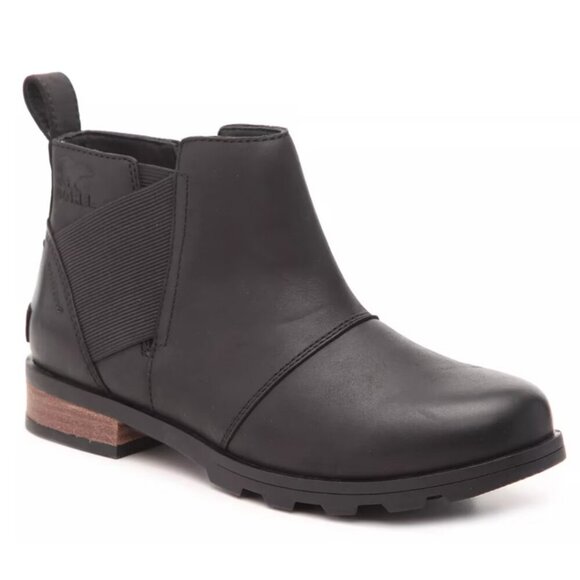 Sorel Emelie H2O Chelsea Boot Black Leather Waterproof Ankle Bootie Size 9 - Picture 1 of 10